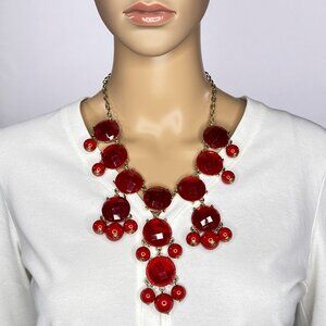 Red Bib Necklace With Balls And Faux Gems‎ On A Faux Gold Chain